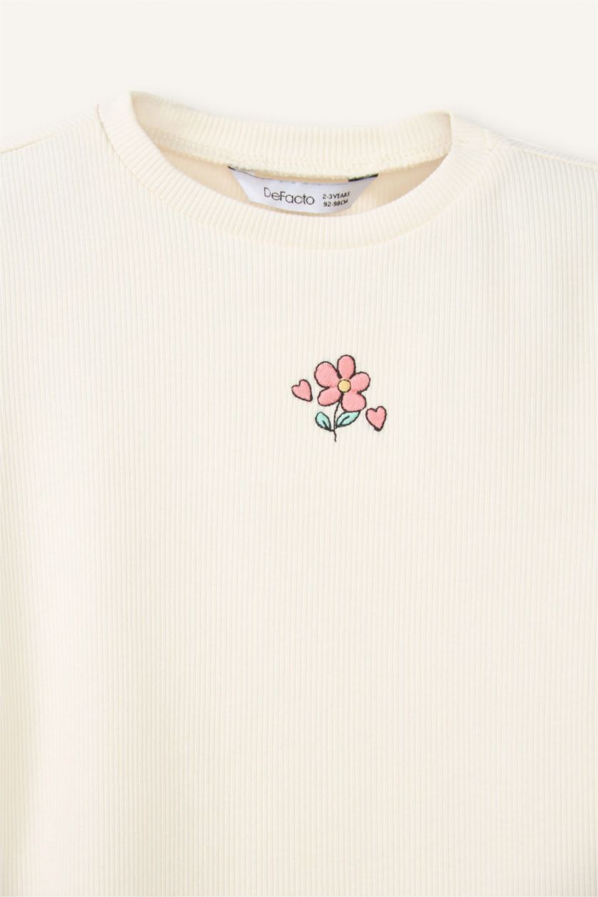 Kız Bebek Ekru Regular Fıt Bisiklet Yaka Çiçekli Fitilli Kaşkorse Kısa Kollu Tişört Kız Bebek