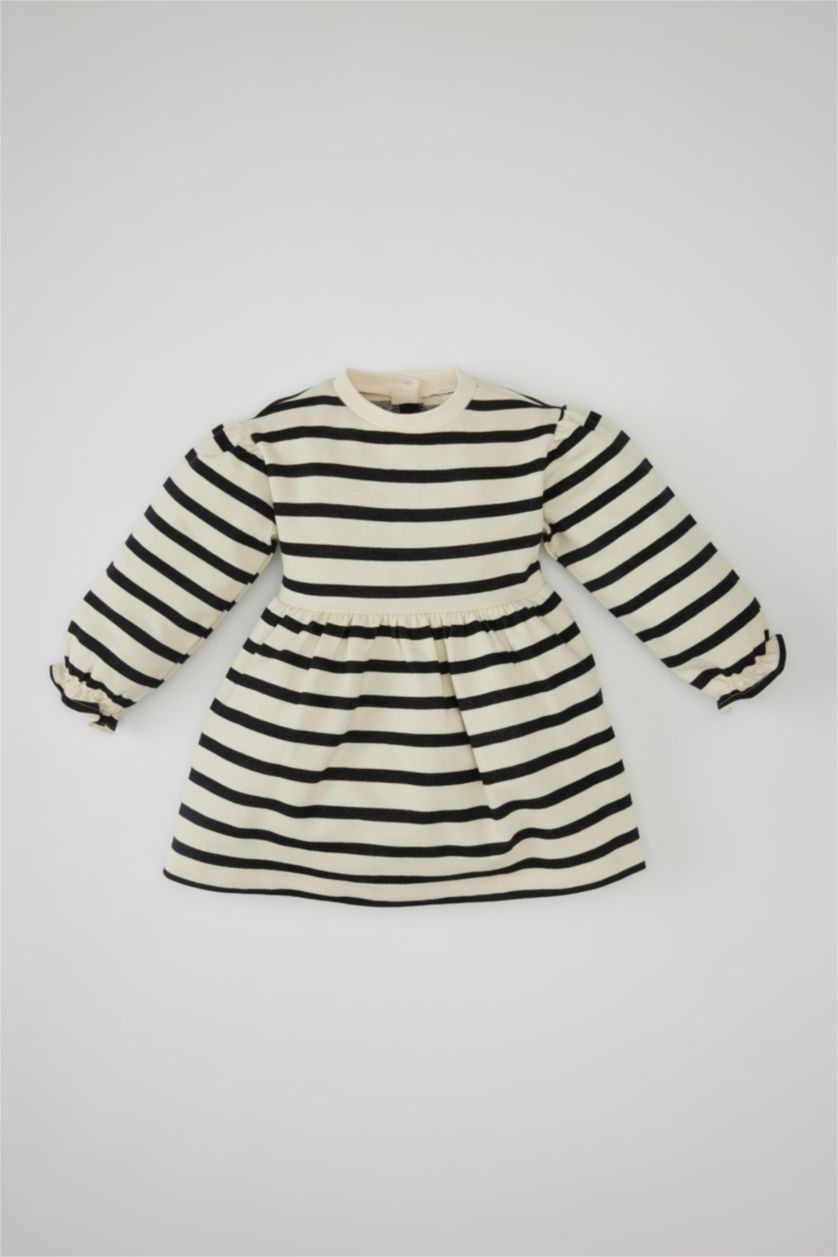 Baby Girl Ecru Regular Fit Striped Long Sleeve Knitted Dress
