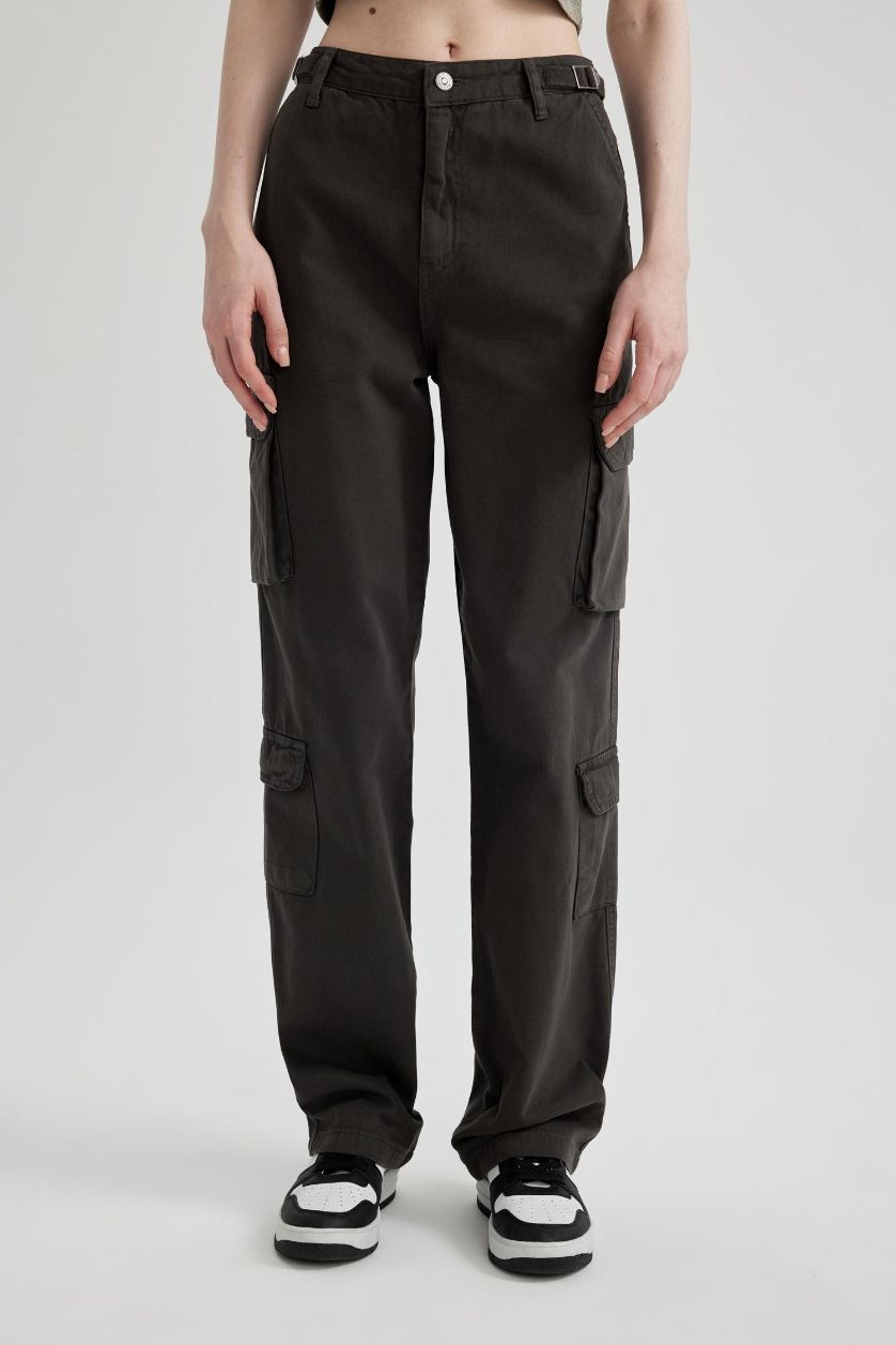 Kadın Antrasit Straight Fit Gabardin Pantolon Kargo Cepli