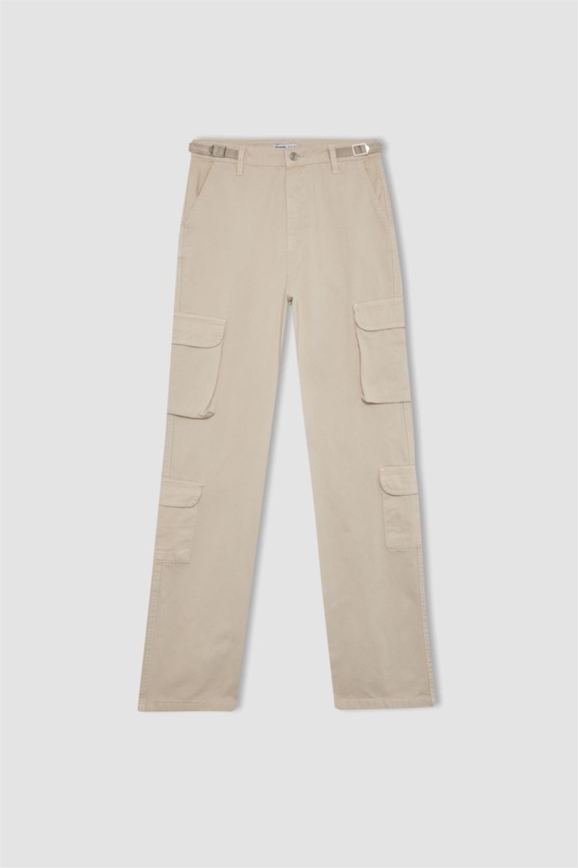 Kadın Kum Straight Fit Gabardin Pantolon Kargo Cepli