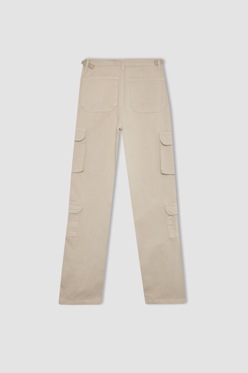 Kadın Kum Straight Fit Gabardin Pantolon Kargo Cepli
