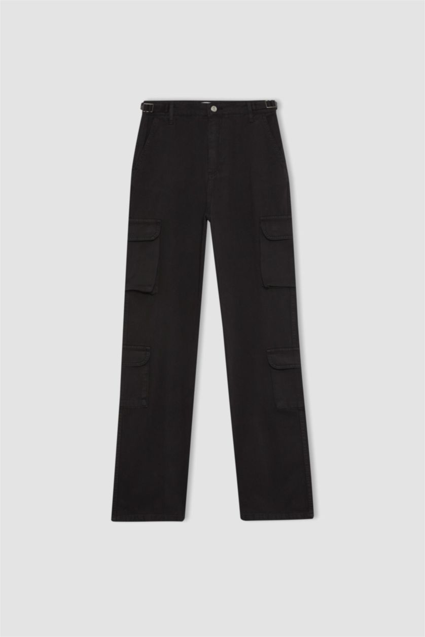 Kadın Siyah Straight Fit Gabardin Pantolon Kargo Cepli