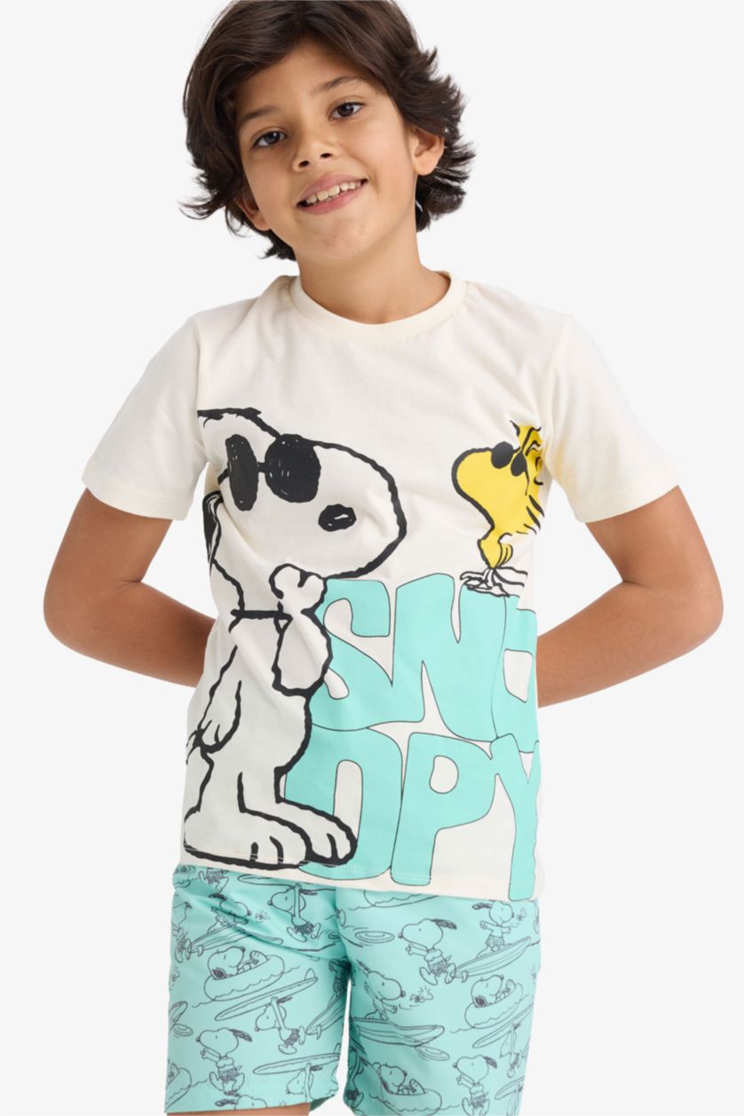Erkek Çocuk - Genç Erkek Mint Snoopy 2'li Takım Kısa Kollu Tişört Deniz Şortu Erkek Çocuk