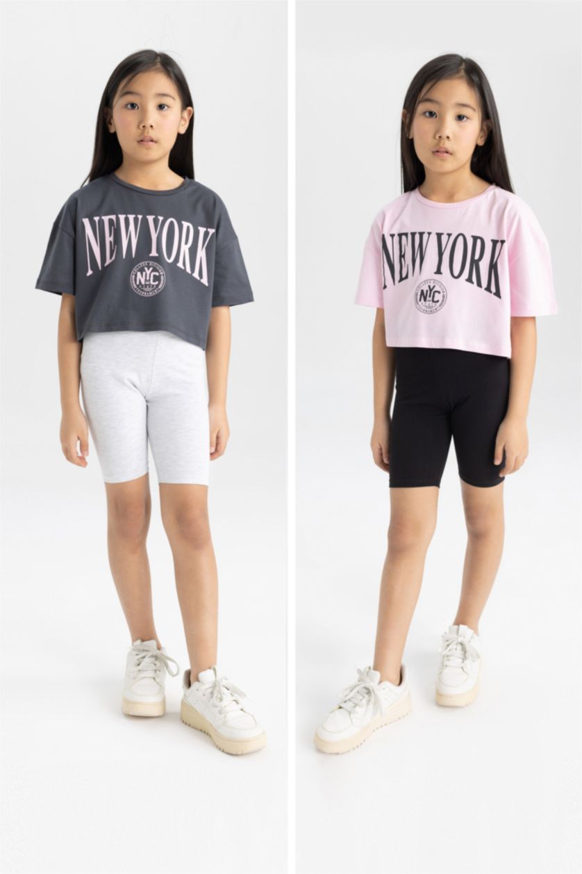 بنات ميلانج رمادي فاتح سروال ضيق بناتي قصير - قطعتين