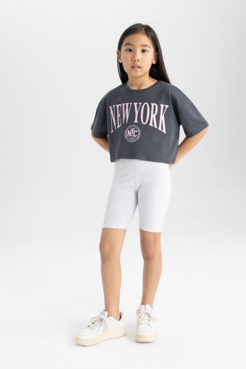 بنات ميلانج رمادي فاتح سروال ضيق بناتي قصير - قطعتين