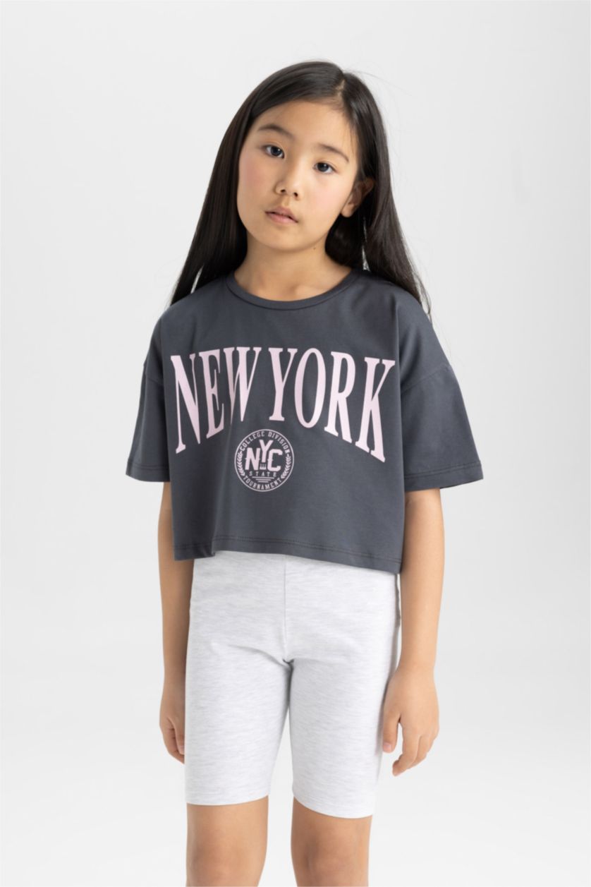 بنات ميلانج رمادي فاتح سروال ضيق بناتي قصير - قطعتين