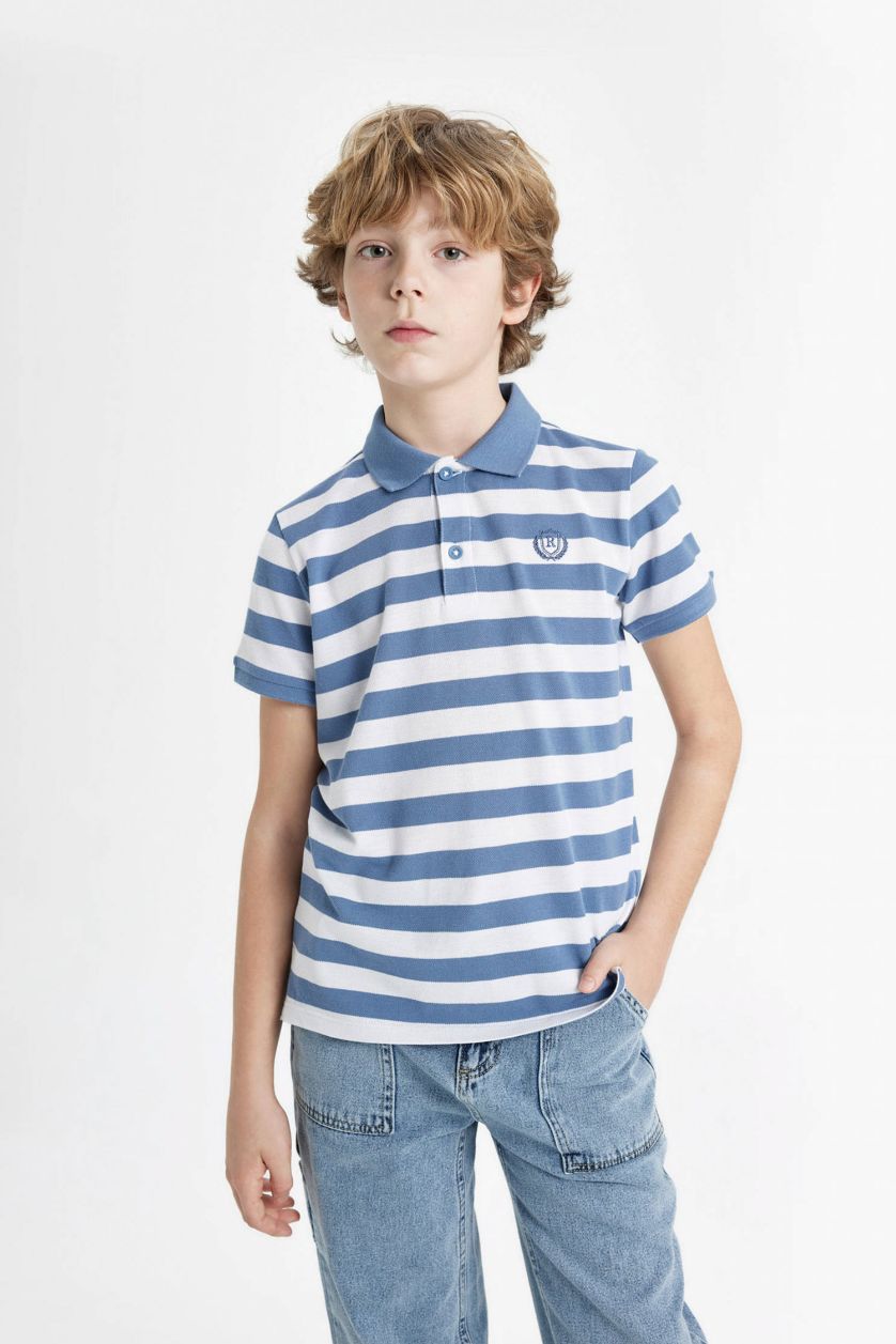 BOYS & TEENS Light Indigo Boy Pique Short Sleeve Striped Polo T-Shirt