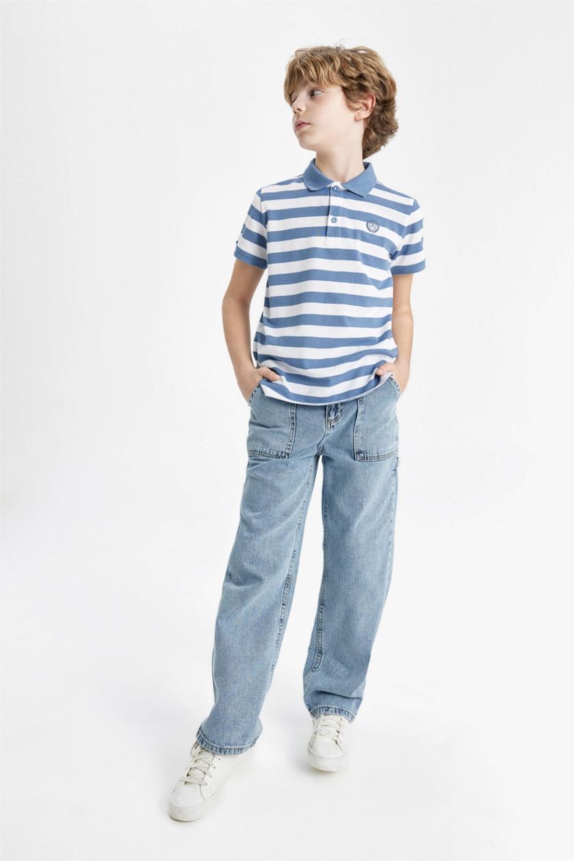 BOYS & TEENS Light Indigo Boy Pique Short Sleeve Striped Polo T-Shirt