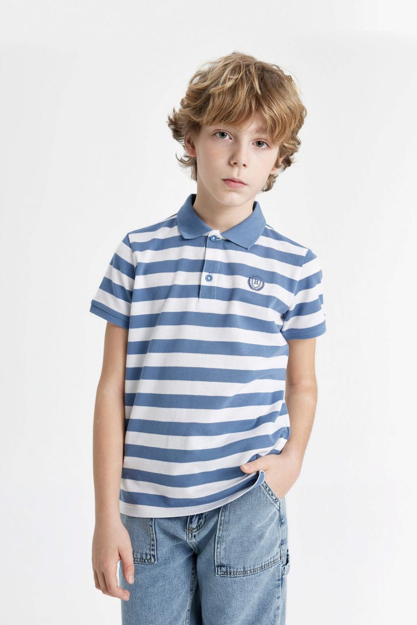 BOYS & TEENS Light Indigo Boy Pique Short Sleeve Striped Polo T-Shirt