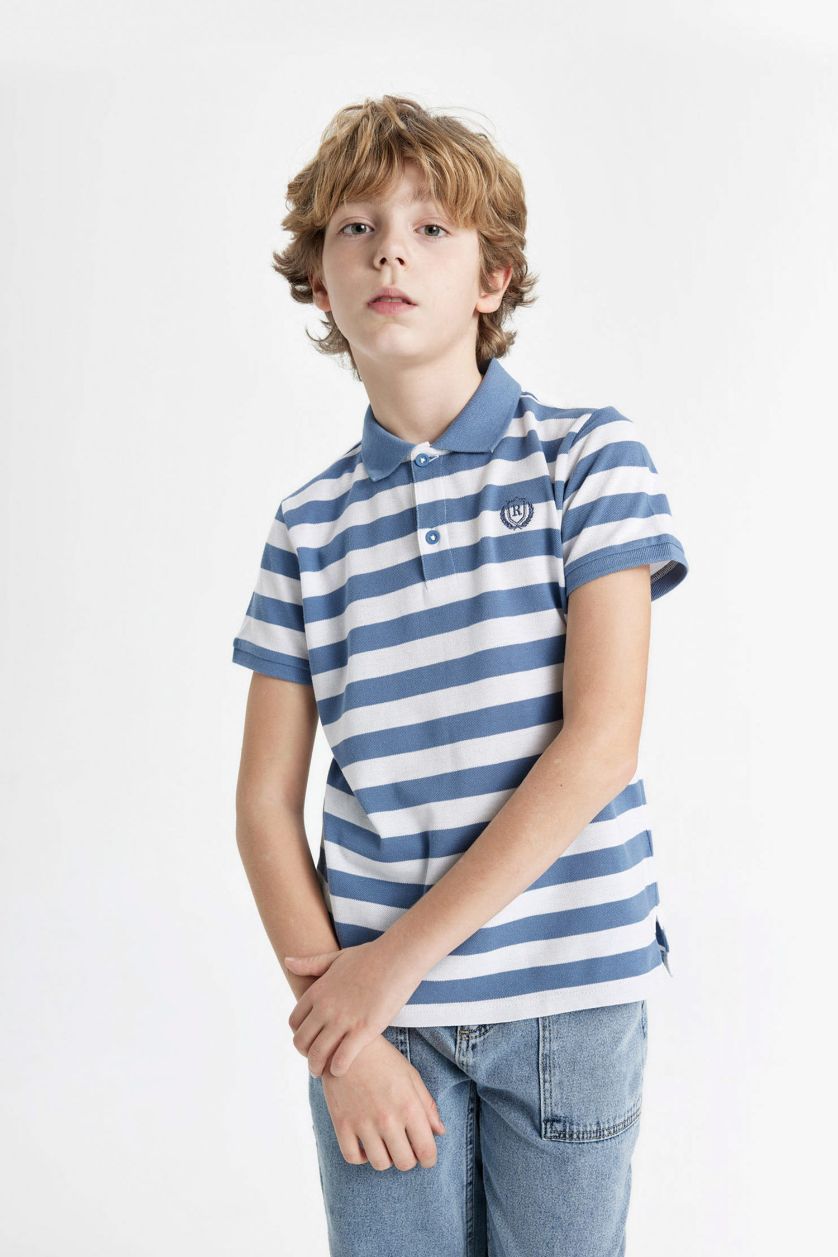 BOYS & TEENS Light Indigo Boy Pique Short Sleeve Striped Polo T-Shirt