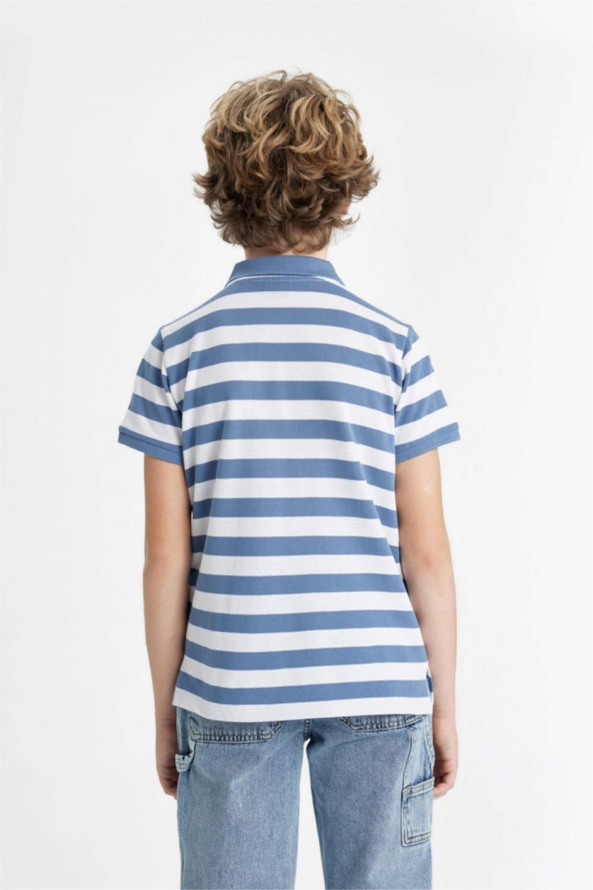 BOYS & TEENS Light Indigo Boy Pique Short Sleeve Striped Polo T-Shirt