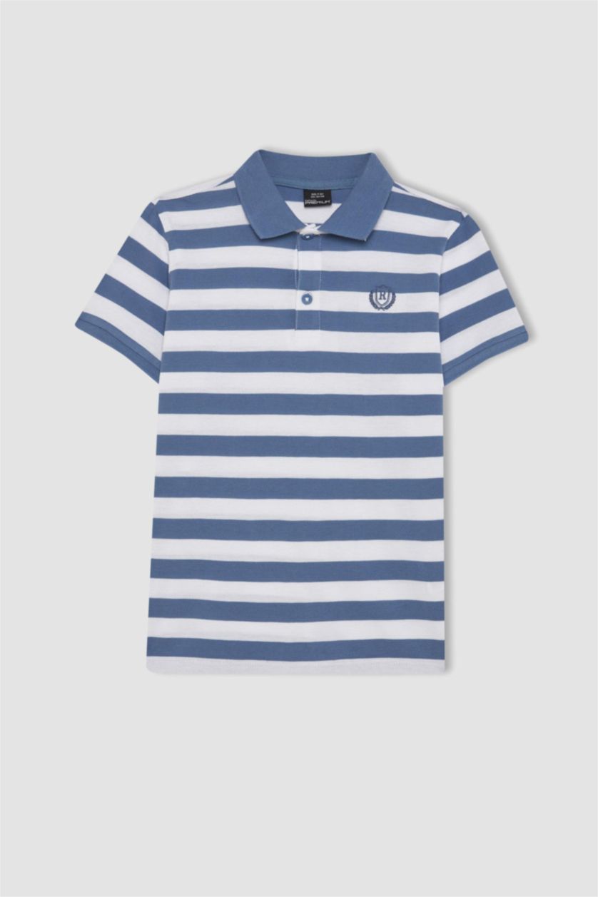 BOYS & TEENS Light Indigo Boy Pique Short Sleeve Striped Polo T-Shirt