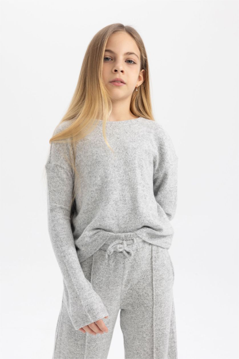 بنات رمادي تيشيرت ردن طويل بناتي اوفر سايز وياخة مستديرة