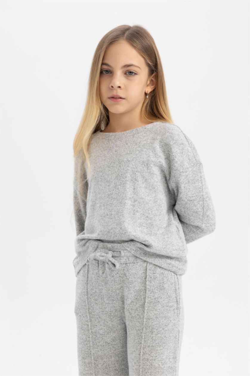 بنات رمادي تيشيرت ردن طويل بناتي اوفر سايز وياخة مستديرة