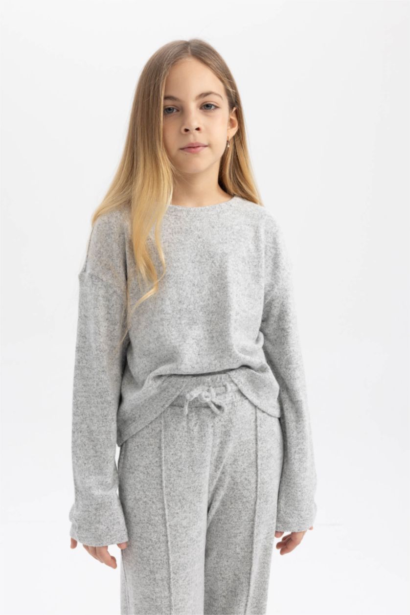 بنات رمادي تيشيرت ردن طويل بناتي اوفر سايز وياخة مستديرة