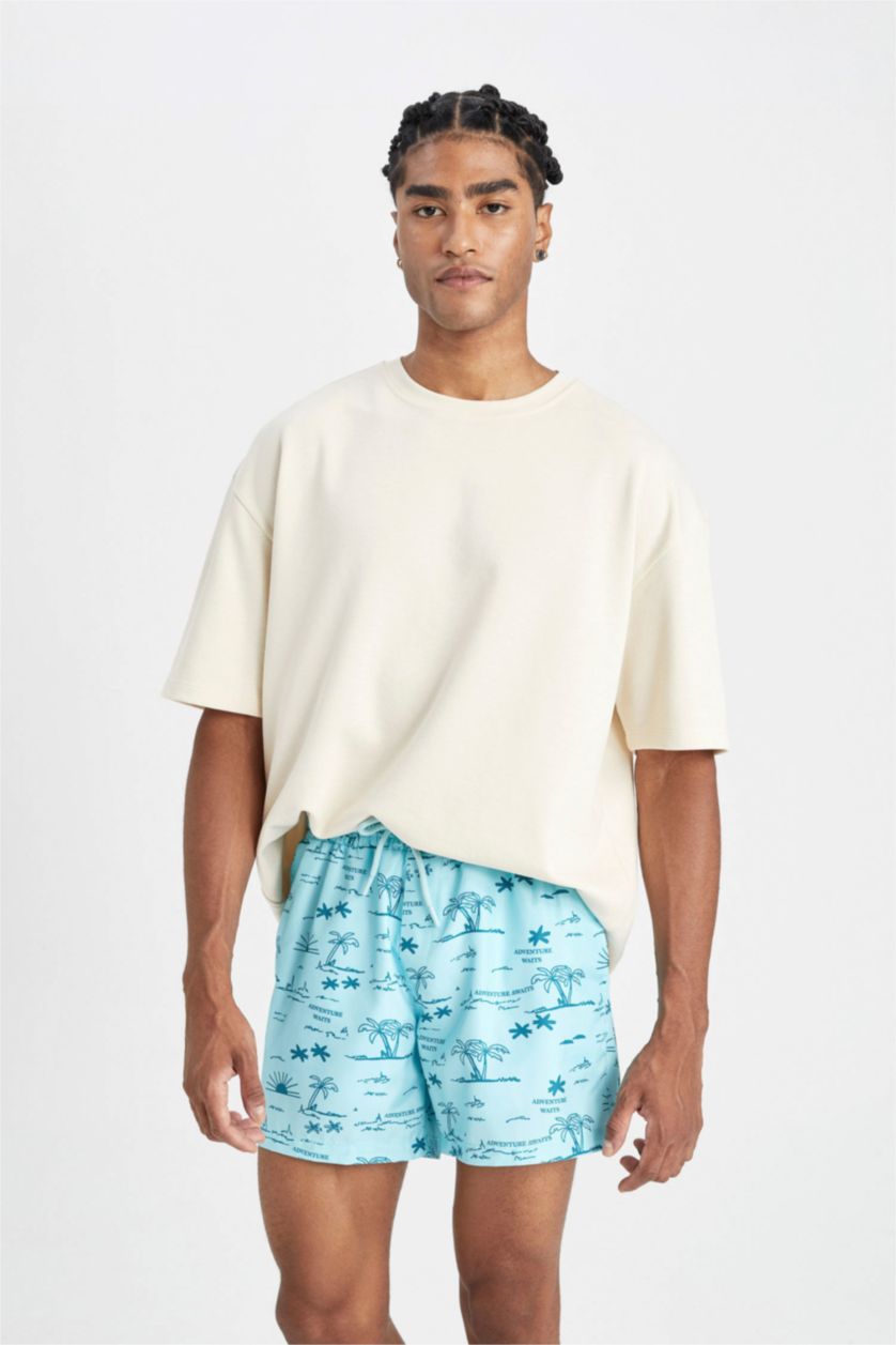 Erkek Deniz Mavisi Desenli File Astarlı Kısa Boy Deniz Şortu