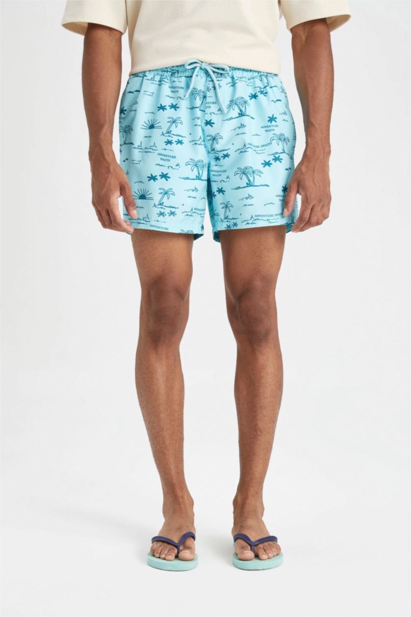 Erkek Deniz Mavisi Desenli File Astarlı Kısa Boy Deniz Şortu