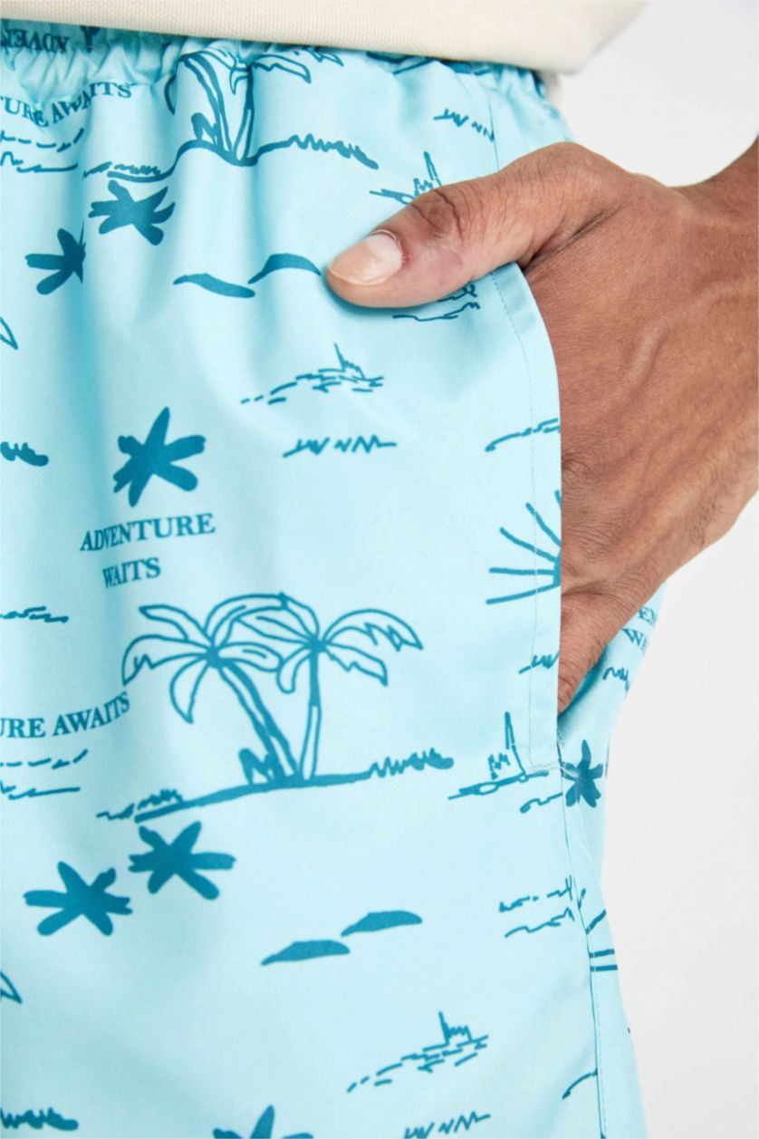 Erkek Deniz Mavisi Desenli File Astarlı Kısa Boy Deniz Şortu