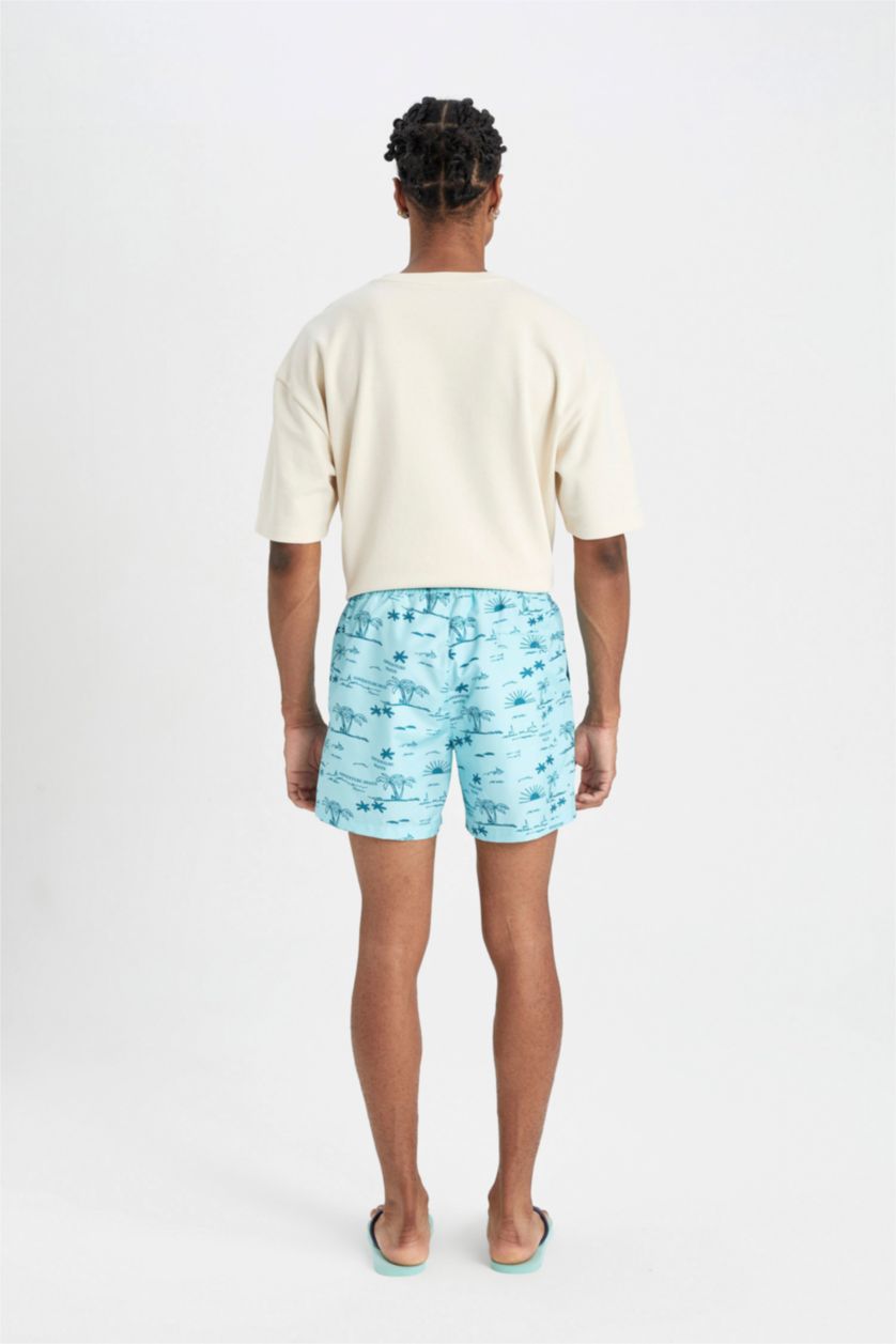Erkek Deniz Mavisi Desenli File Astarlı Kısa Boy Deniz Şortu