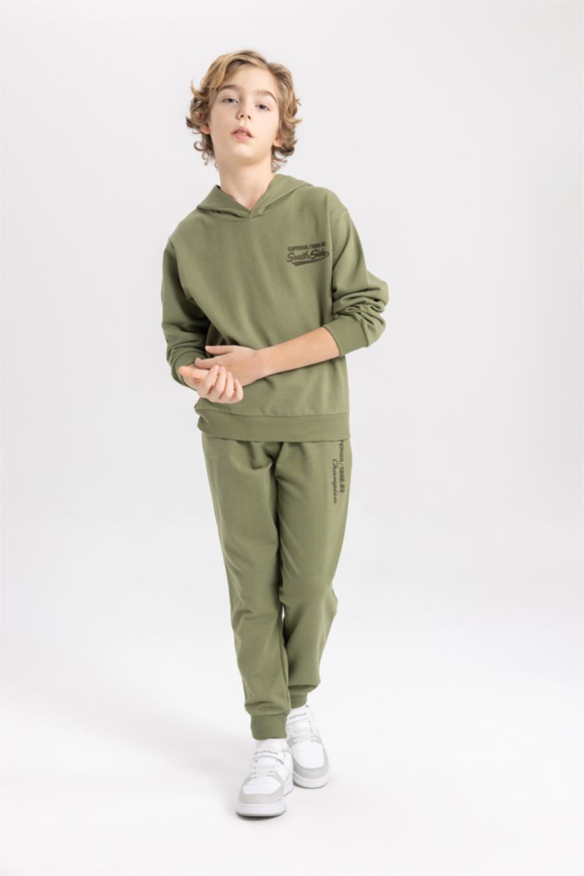 Erkek Çocuk - Genç Erkek Haki Erkek Çocuk 2'li Takım Baskılı Kapüşonlu Sweatshirt Eşofman Altı