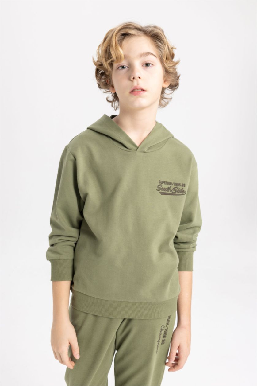 Erkek Çocuk - Genç Erkek Haki Erkek Çocuk 2'li Takım Baskılı Kapüşonlu Sweatshirt Eşofman Altı