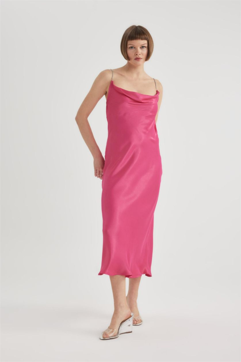 Kadın Fuşya Bodycon Bisiklet Yaka Kısa Kollu Saten Midi Elbise