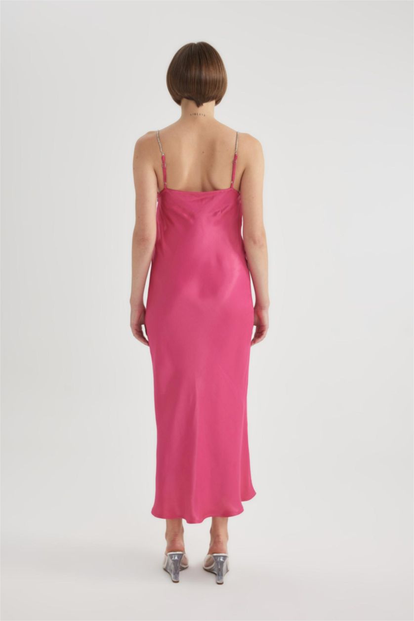 Kadın Fuşya Bodycon Bisiklet Yaka Kısa Kollu Saten Midi Elbise