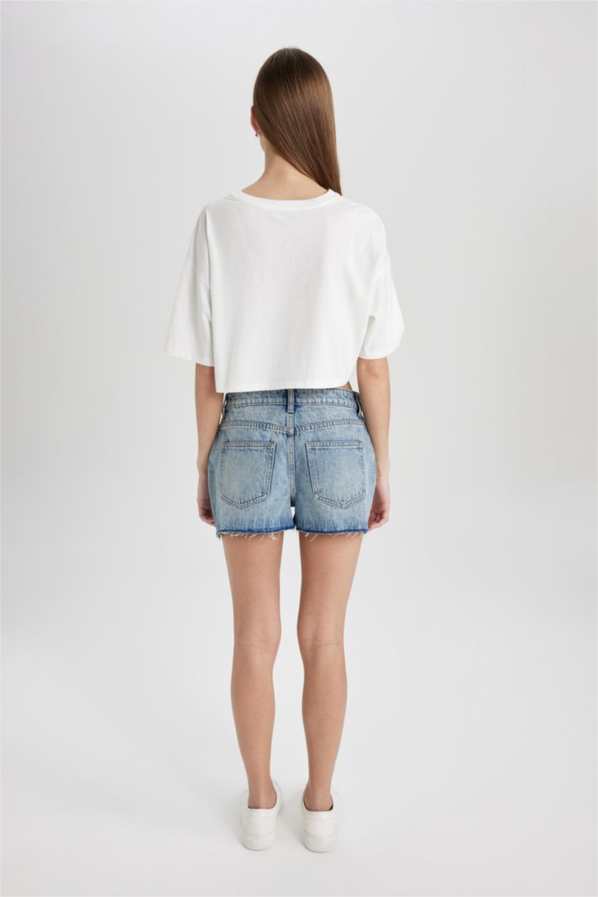 Женщины Светло-синий Джинсовые бермуды с высокой талией