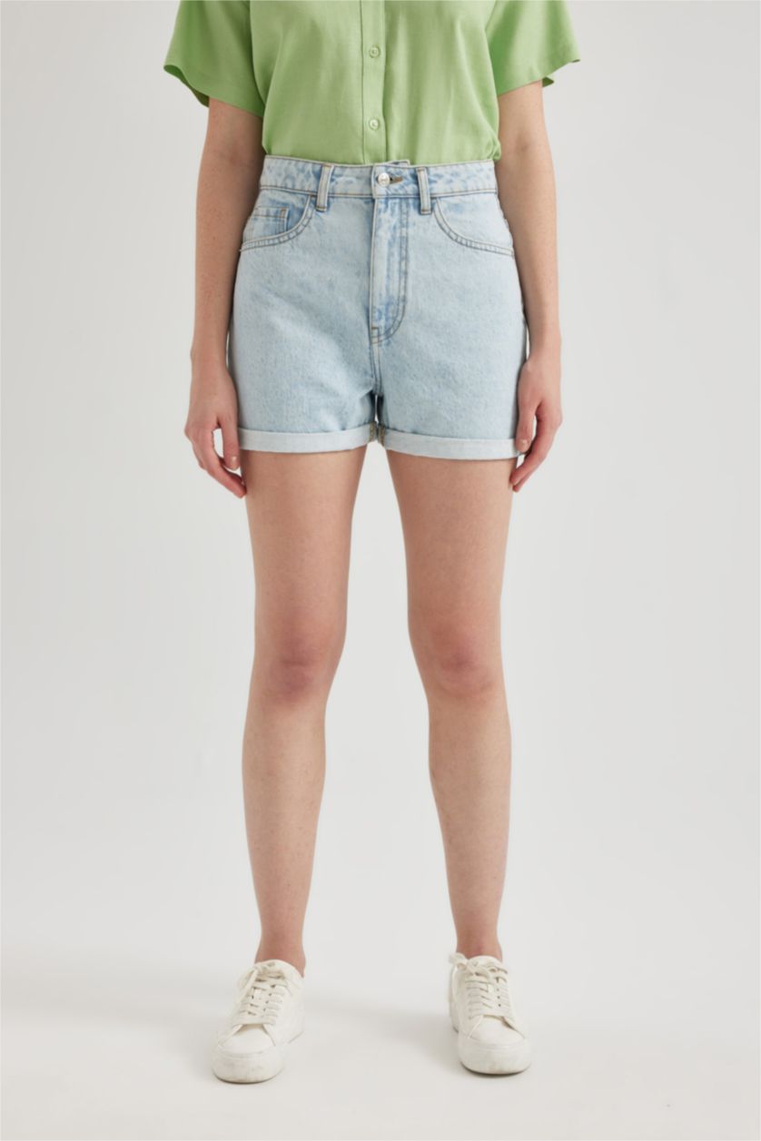 Женщины Светло-синий Джинсовые шорты Mom Fit  с высокой талией