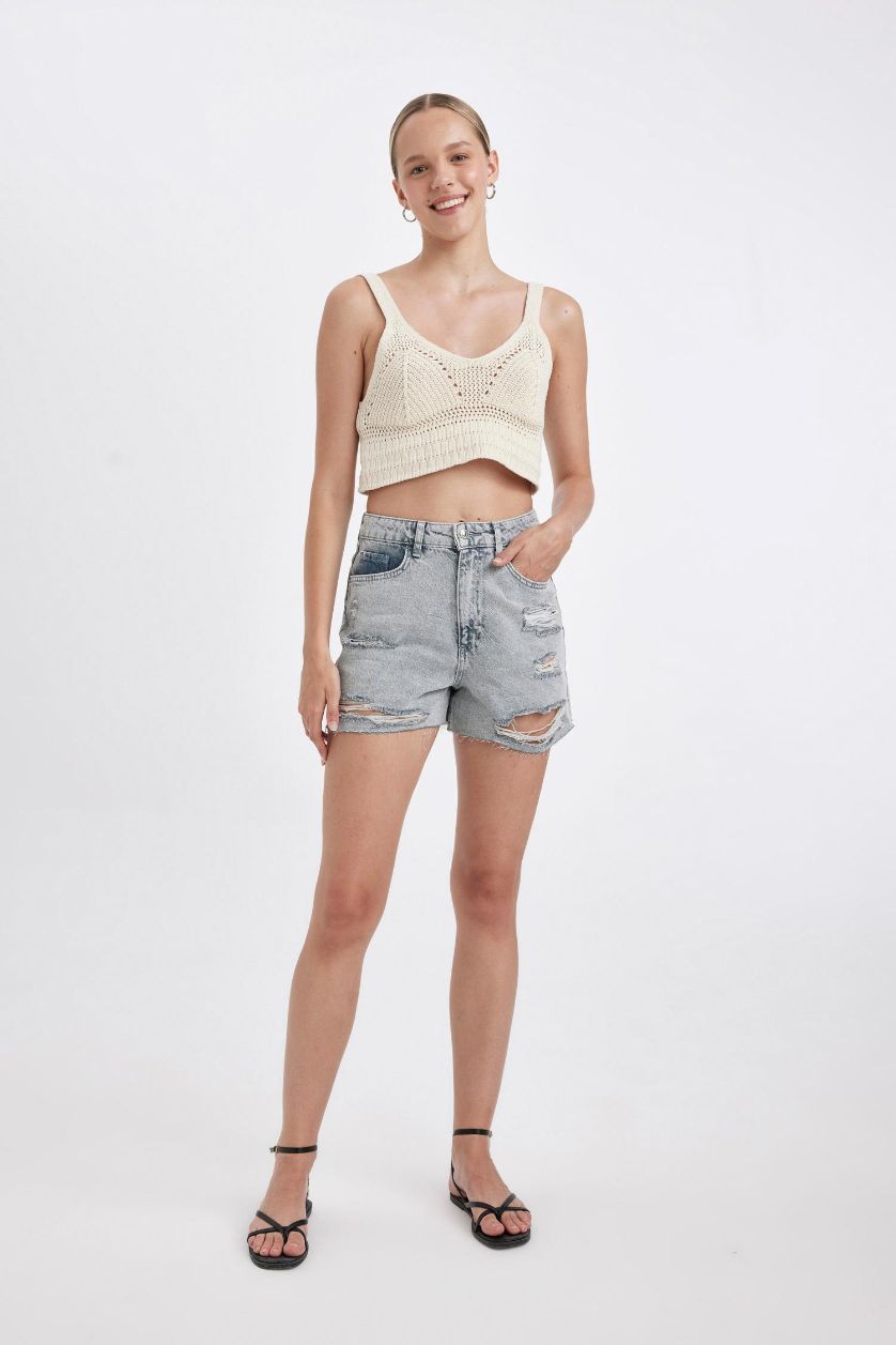 WOMAN Grey Mom Fit High Waist Cut-Toe Denim Shorts