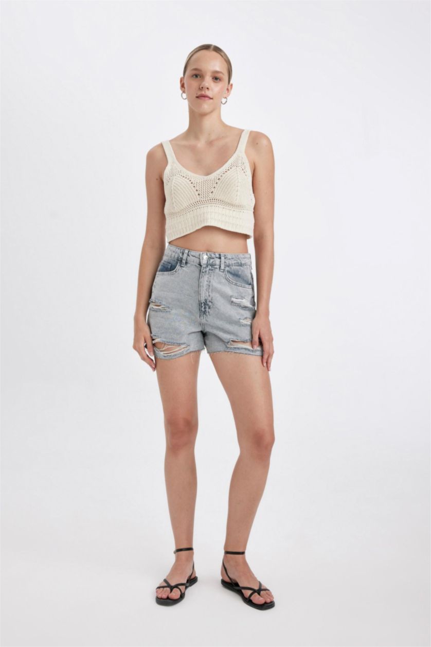 WOMAN Grey Mom Fit High Waist Cut-Toe Denim Shorts