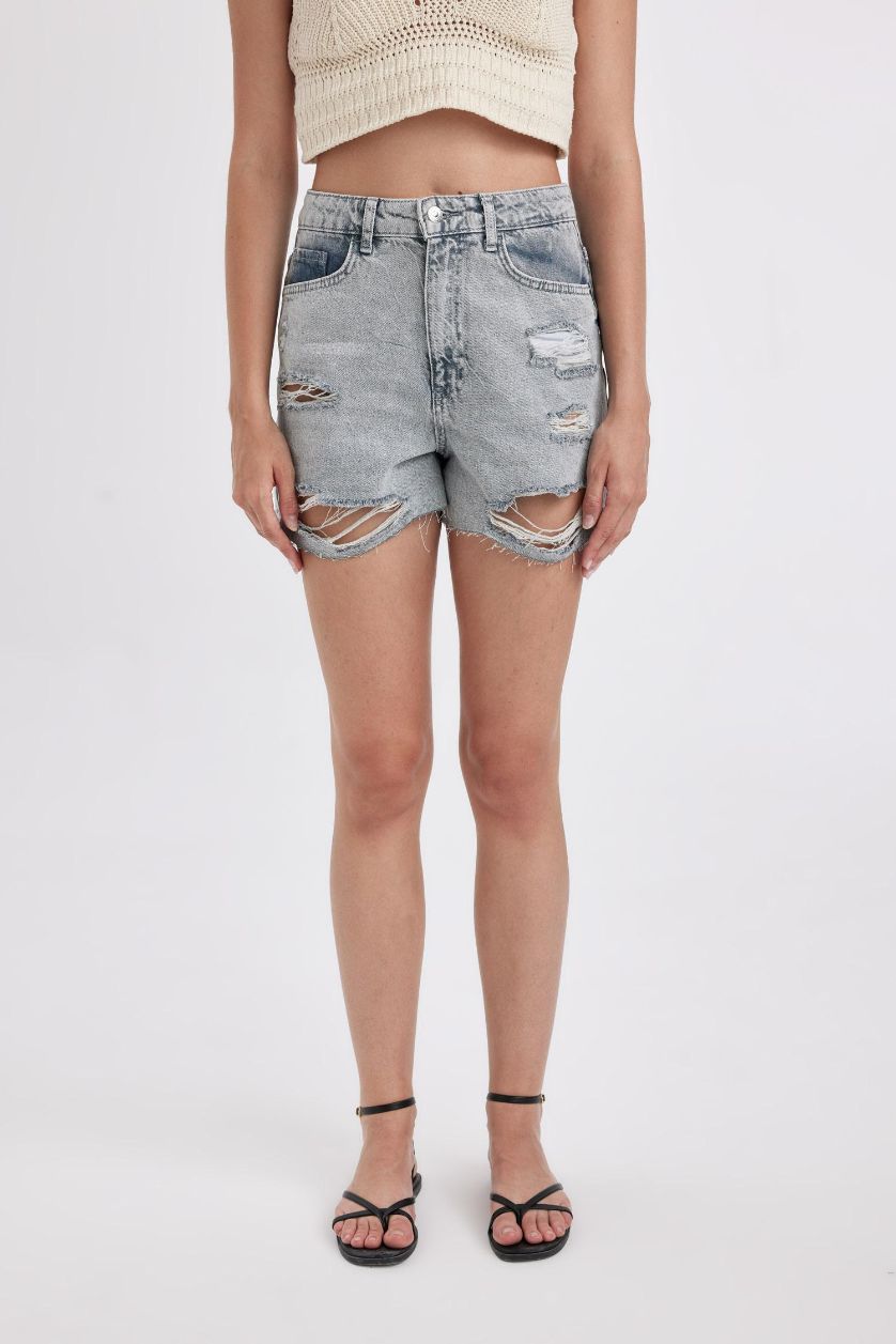 WOMAN Grey Mom Fit High Waist Cut-Toe Denim Shorts