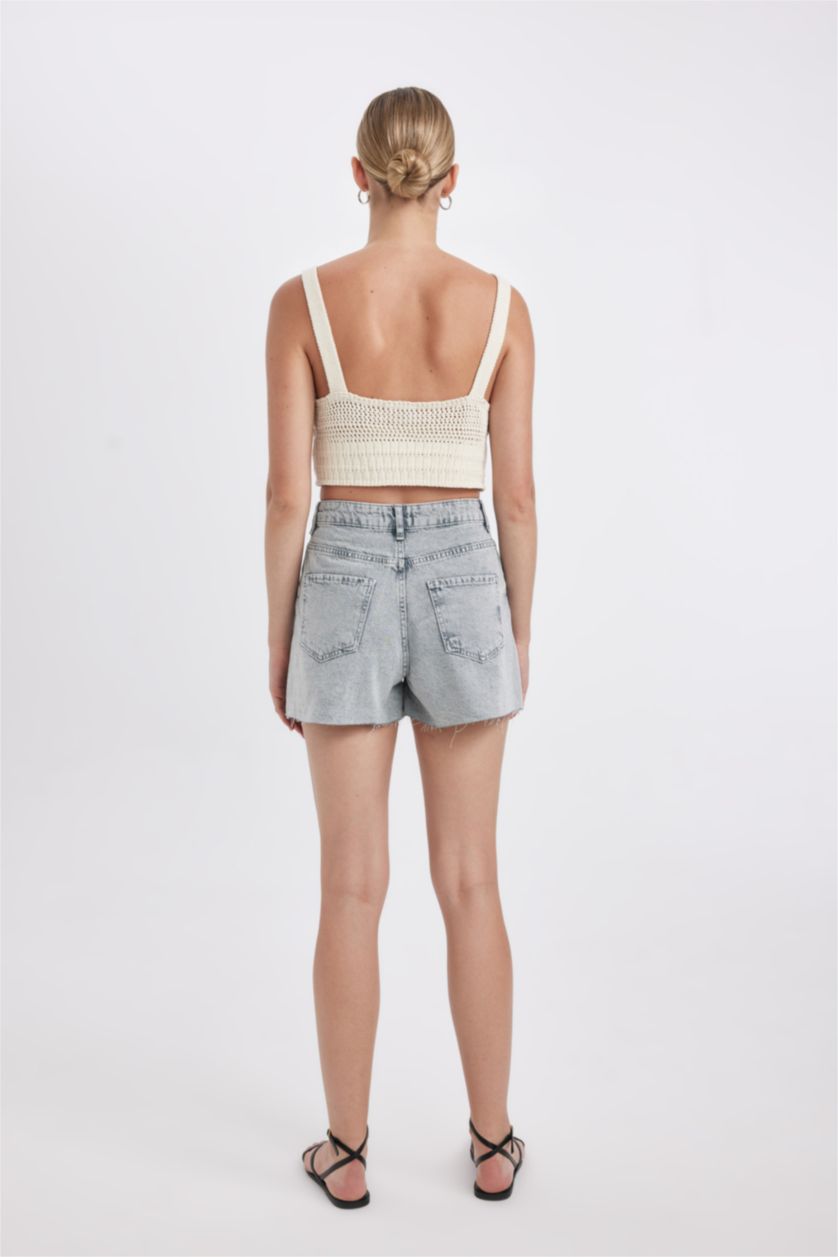 WOMAN Grey Mom Fit High Waist Cut-Toe Denim Shorts