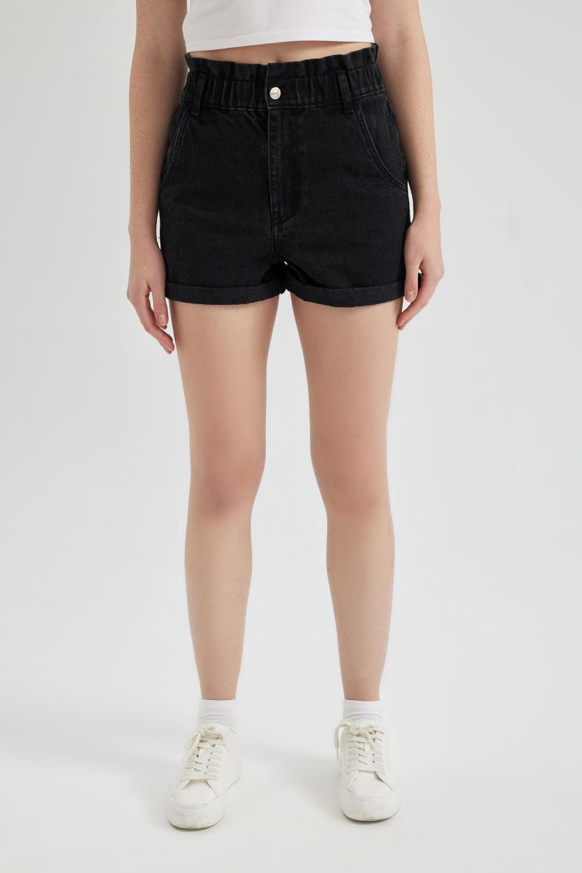Женщины Черный Джинсовые шорты Paperbag с высокой талией