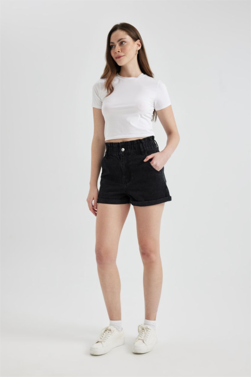 Женщины Черный Джинсовые шорты Paperbag с высокой талией