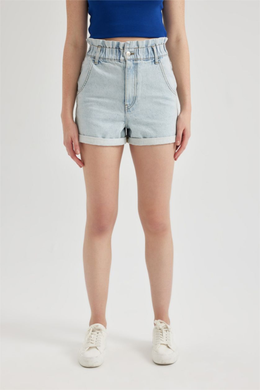 Женщины Светло-синий Джинсовые шорты Paperbag с высокой талией