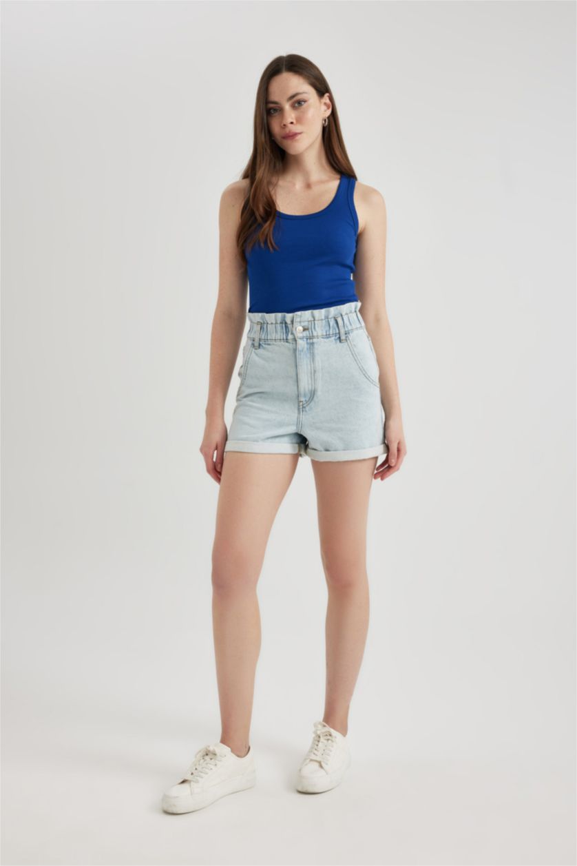 Женщины Светло-синий Джинсовые шорты Paperbag с высокой талией
