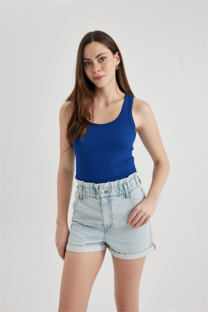 Женщины Светло-синий Джинсовые шорты Paperbag с высокой талией