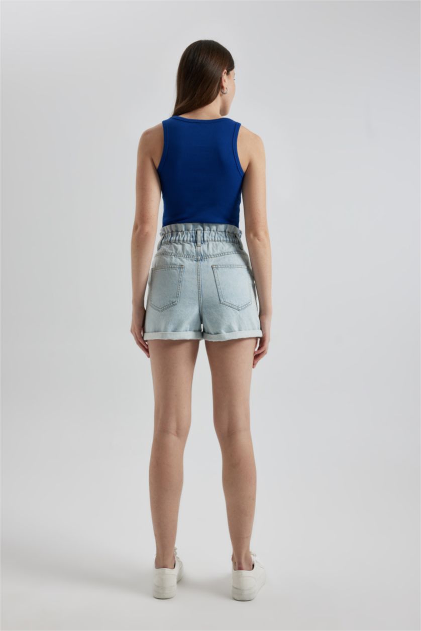 Женщины Светло-синий Джинсовые шорты Paperbag с высокой талией