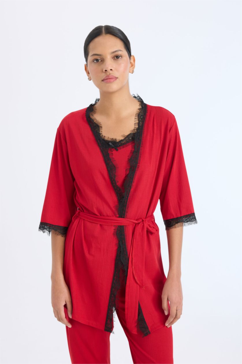 Kadın Kırmızı Wrap Yaka Yarım Kol Kuşaklı Sabahlık