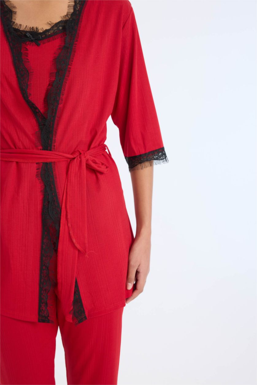 Kadın Kırmızı Wrap Yaka Yarım Kol Kuşaklı Sabahlık