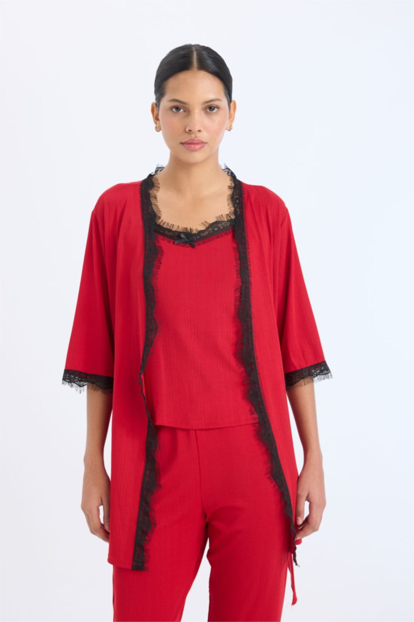 Kadın Kırmızı Wrap Yaka Yarım Kol Kuşaklı Sabahlık