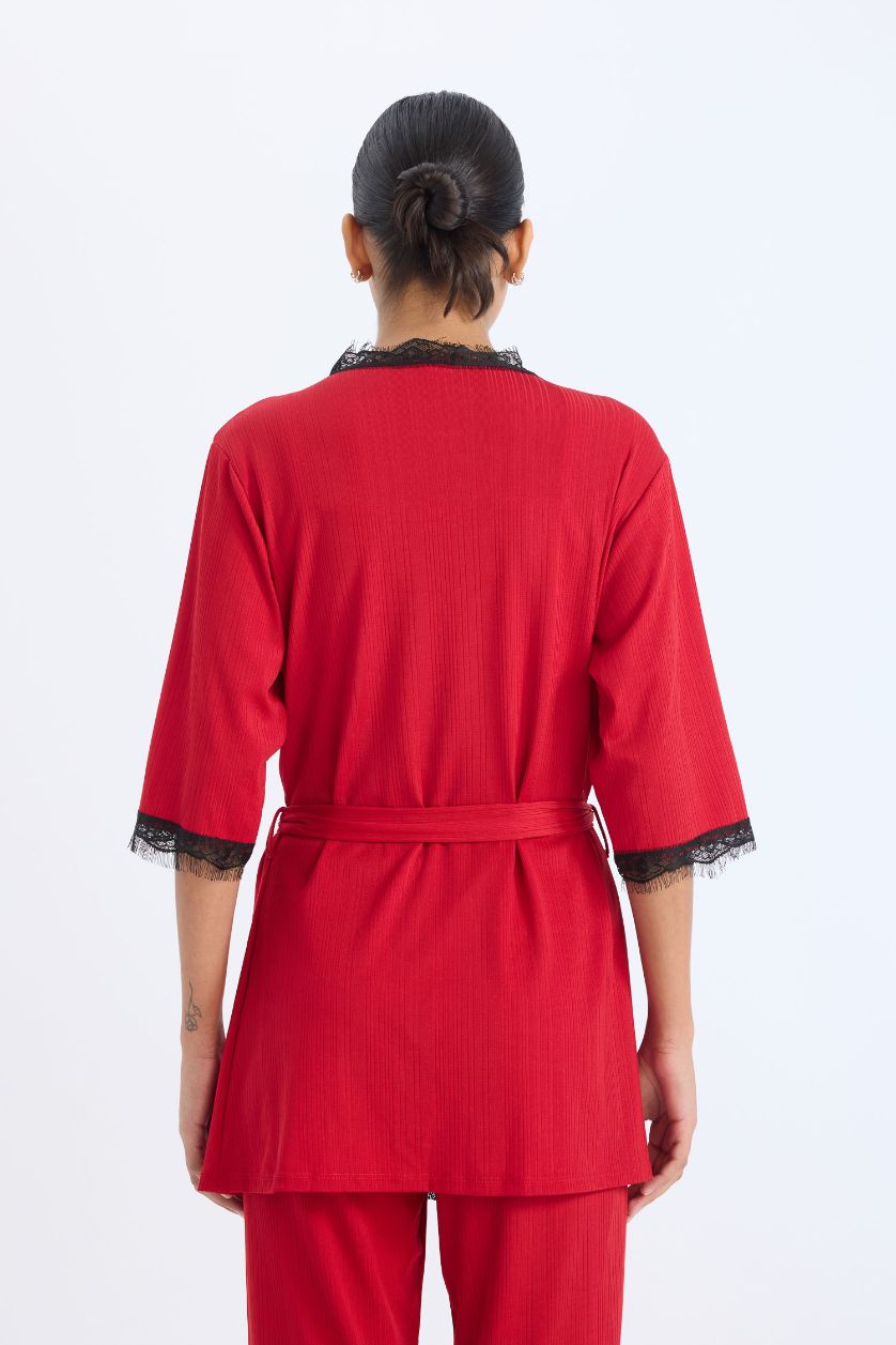Kadın Kırmızı Wrap Yaka Yarım Kol Kuşaklı Sabahlık