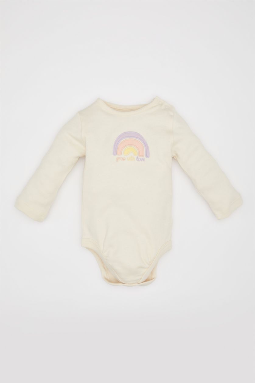 BABY GIRL Ecru Baby Girl Newborn Crew Neck Rainbow Printed Heavy Fabric Snap Body