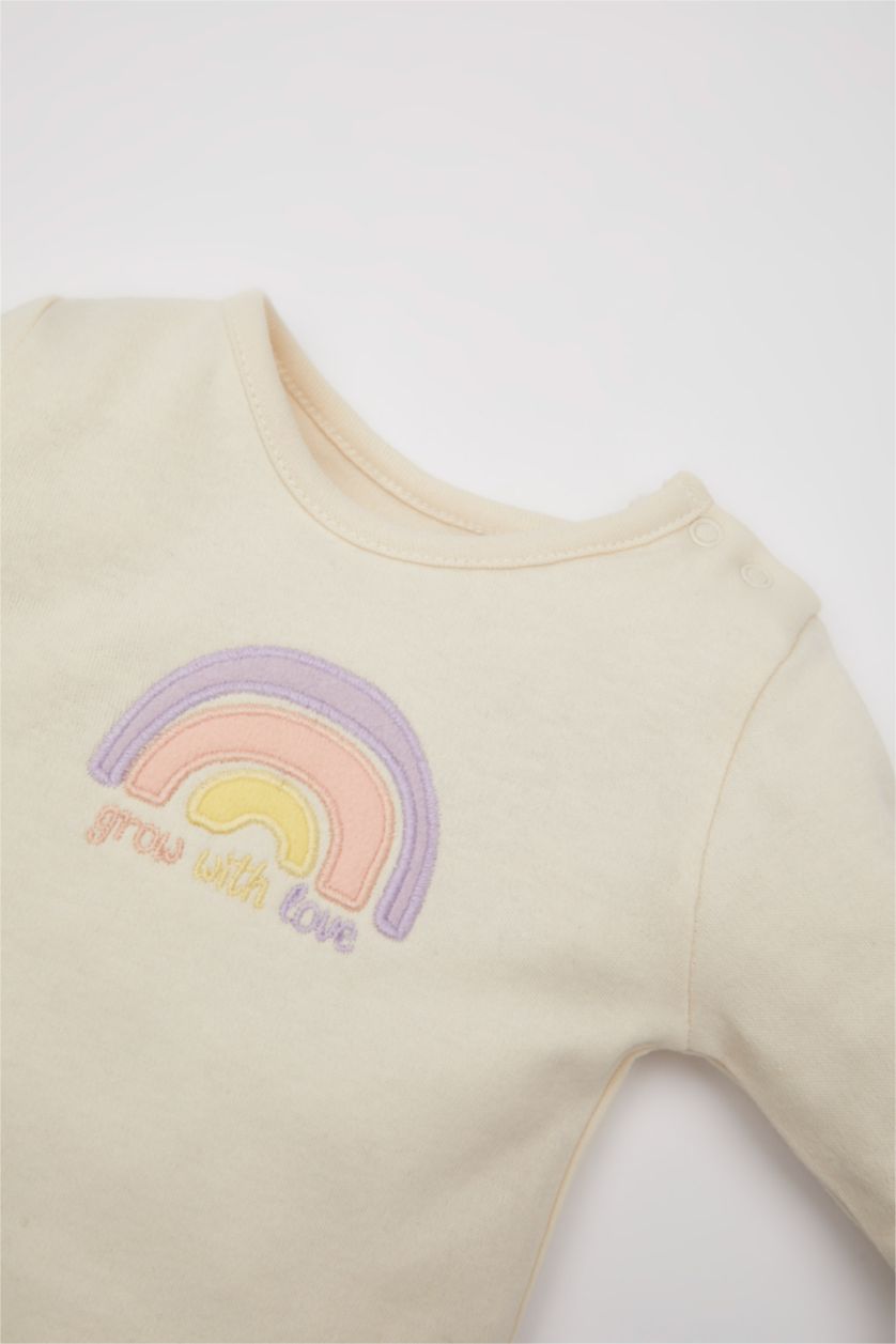 BABY GIRL Ecru Baby Girl Newborn Crew Neck Rainbow Printed Heavy Fabric Snap Body