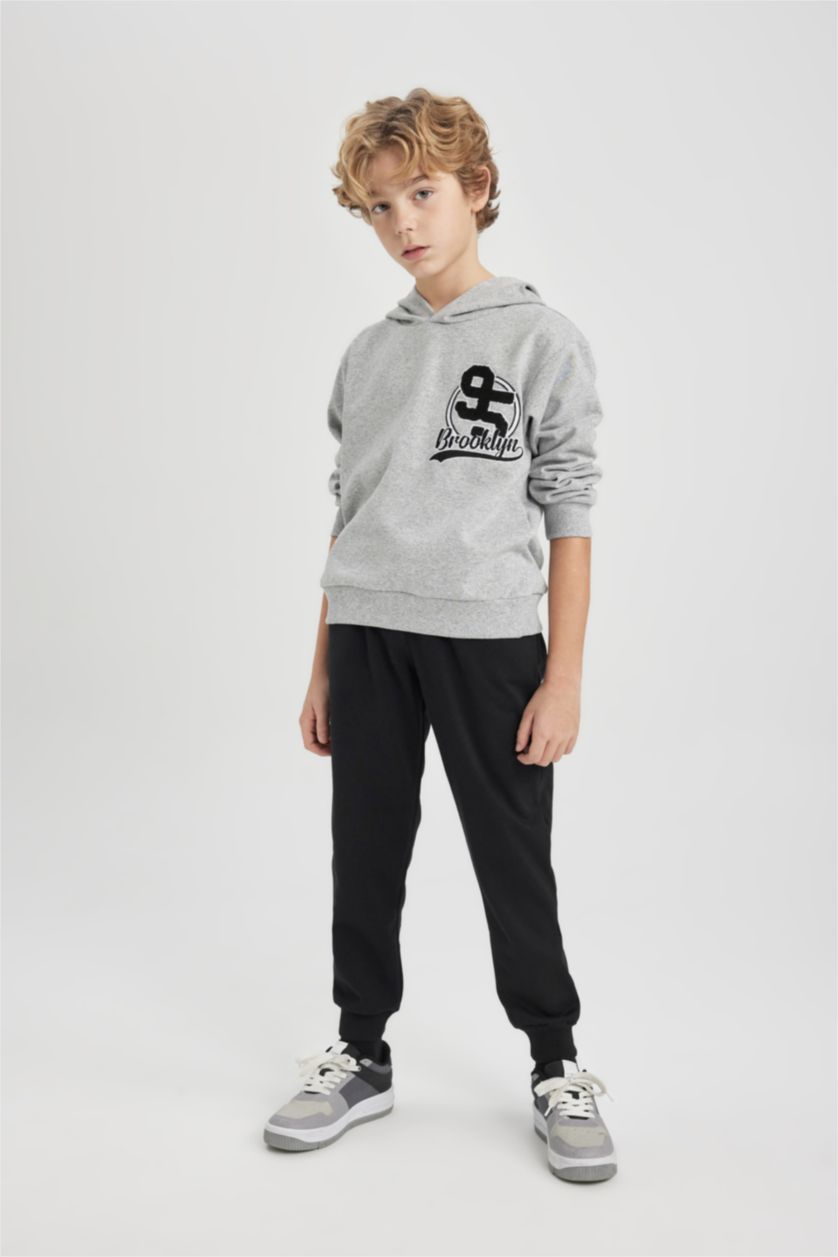 Young Boys - Teen Boys Grey Melange Boy Hooded Printed Sweatshirt Sweatpants 2 Piece Set