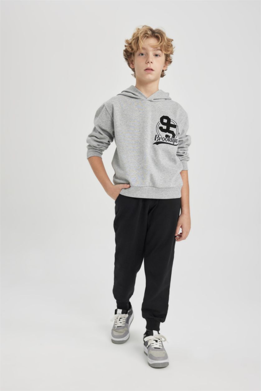 Young Boys - Teen Boys Grey Melange Boy Hooded Printed Sweatshirt Sweatpants 2 Piece Set