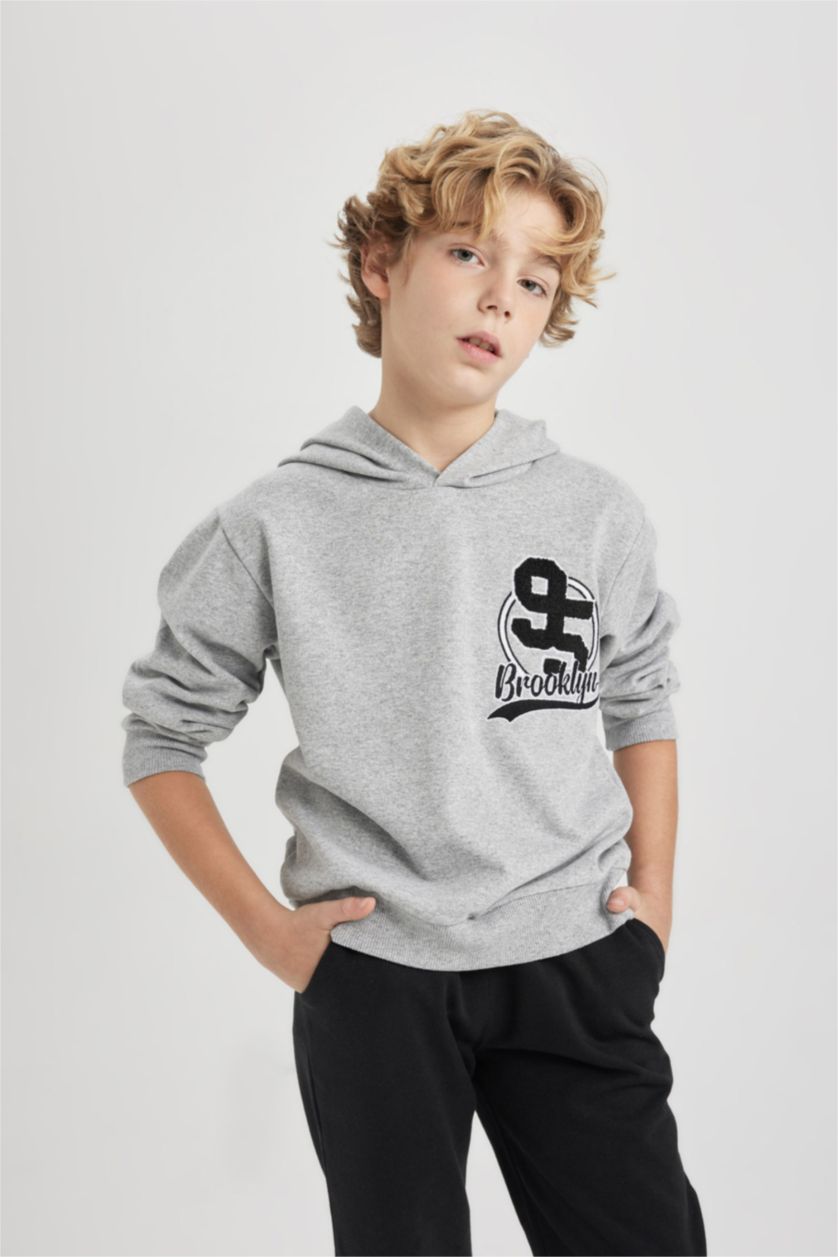 Young Boys - Teen Boys Grey Melange Boy Hooded Printed Sweatshirt Sweatpants 2 Piece Set