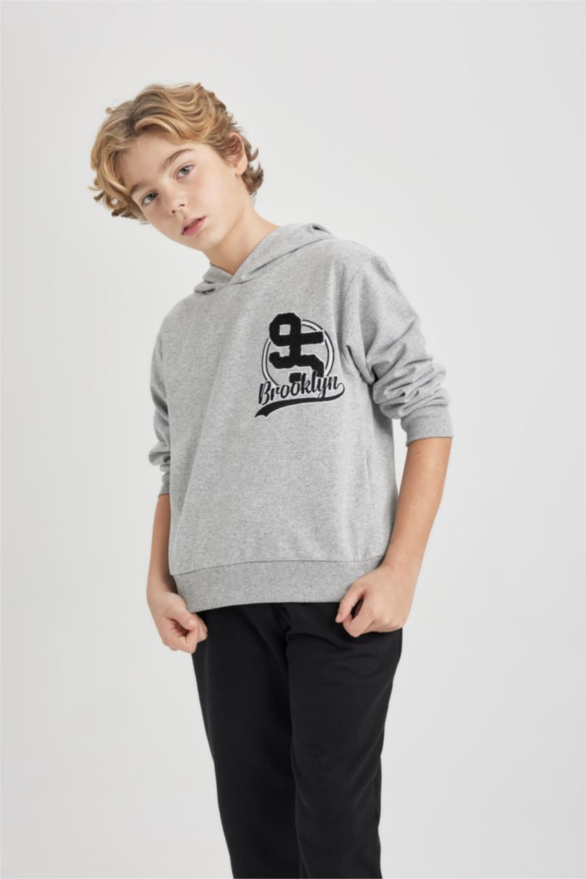 Young Boys - Teen Boys Grey Melange Boy Hooded Printed Sweatshirt Sweatpants 2 Piece Set