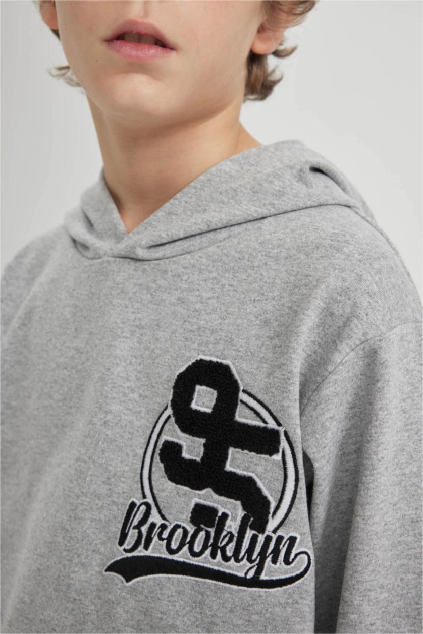 Young Boys - Teen Boys Grey Melange Boy Hooded Printed Sweatshirt Sweatpants 2 Piece Set